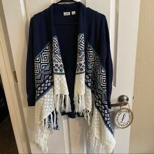 Cato Chevron & Fringe Open Front Cardigan Women's Size Small Blues & White